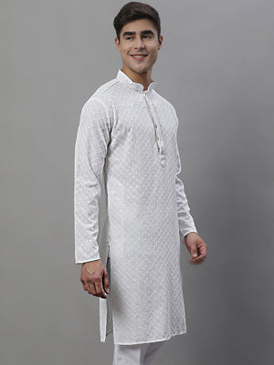 Men's White Chikankari Embroidered And Sequins Kurta