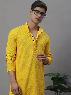 Men's Yellow Chikankari Embroidered And Sequin Kurta - L