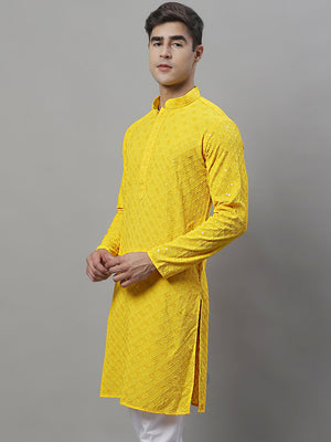 Men's Yellow Chikankari Embroidered And Sequin Kurta