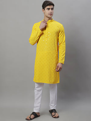 Men's Yellow Chikankari Embroidered And Sequin Kurta