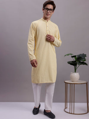 Men's Yellow Chikankari Embroidered And Sequin Kurta With Pajama