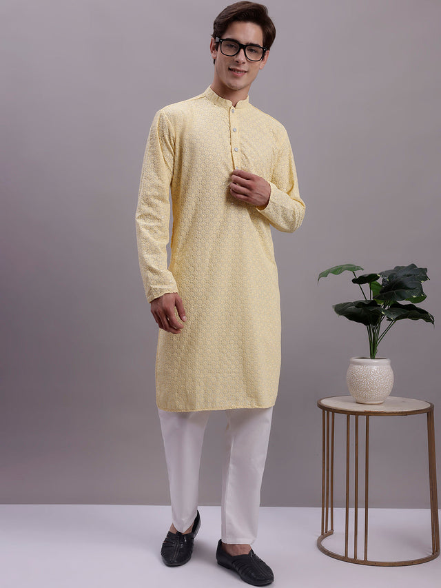 Men's Yellow Chikankari Embroidered And Sequin Kurta With Pajama