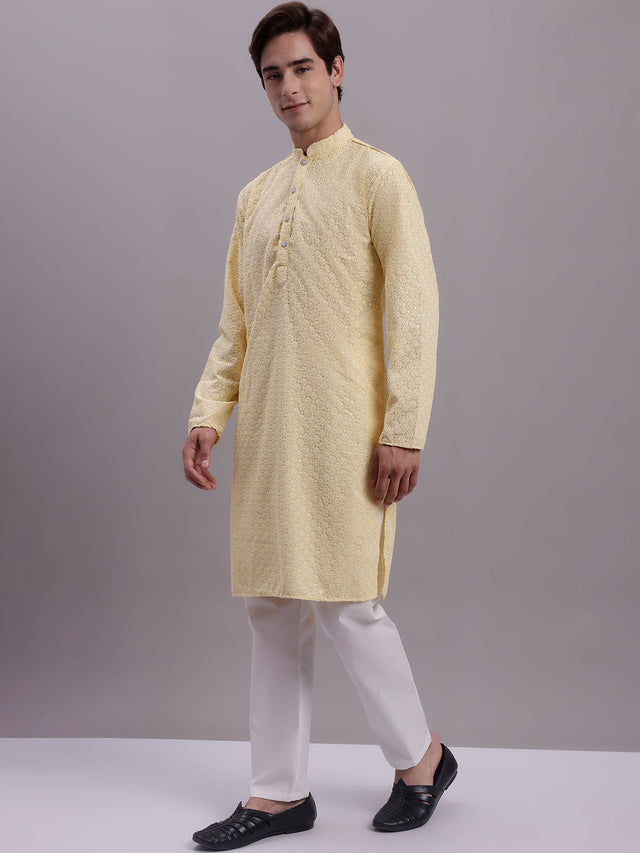 Men's Yellow Chikankari Embroidered And Sequin Kurta With Pajama