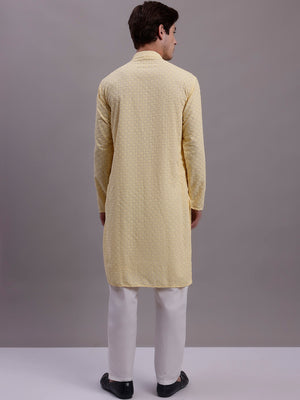 Men's Yellow Chikankari Embroidered And Sequin Kurta With Pajama