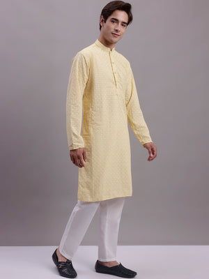Men's Yellow Chikankari Embroidered And Sequin Kurta With Pajama