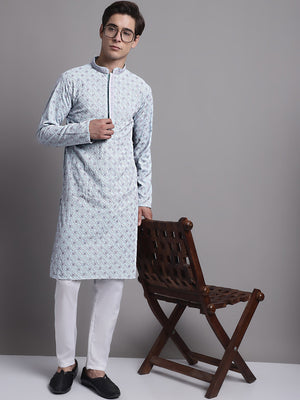 Men's Blue Chikankari Embroidered And Sequin Kurta With Pajama