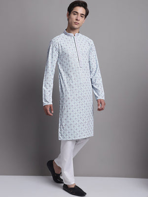Men's Blue Chikankari Embroidered And Sequin Kurta With Pajama