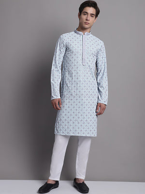 Men's Blue Chikankari Embroidered And Sequin Kurta With Pajama