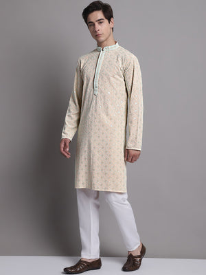 Men's Peach Chikankari Embroidered And Sequin Kurta With Pajama