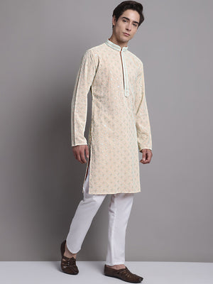Men's Peach Chikankari Embroidered And Sequin Kurta With Pajama