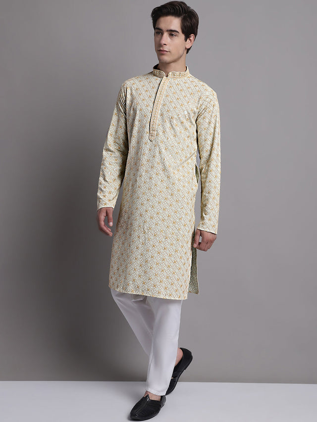 Men's Light Green Chikankari Embroidered And Sequin Kurta With Pajama