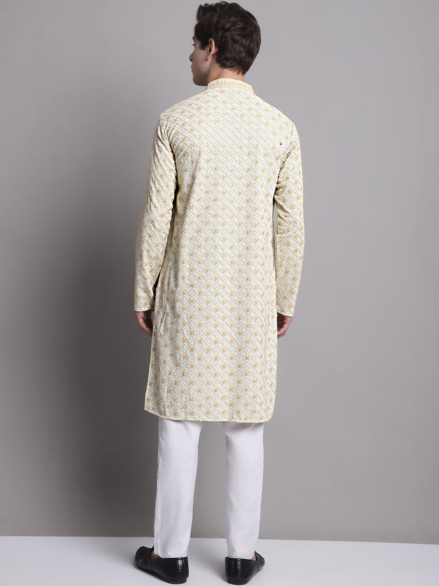 Men's Light Green Chikankari Embroidered And Sequin Kurta With Pajama