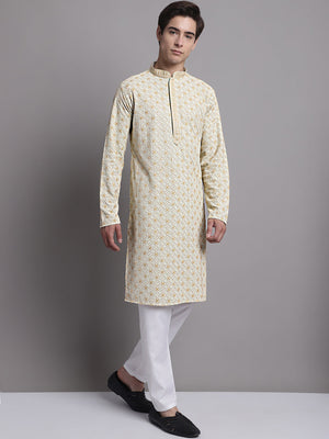 Men's Light Green Chikankari Embroidered And Sequin Kurta With Pajama