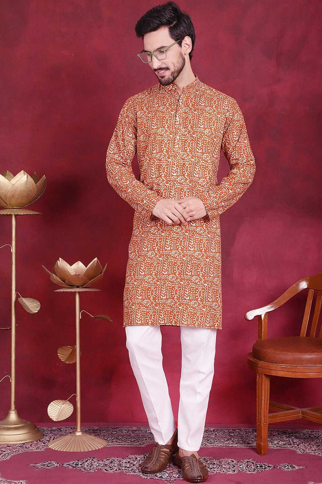Mustard Printed Viscose Rayon Men's Kurta Set (JOKP_P_5014Mustard)