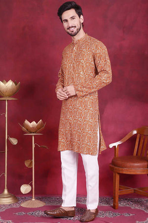 Mustard Printed Viscose Rayon Men's Kurta Set (JOKP_P_5014Mustard)