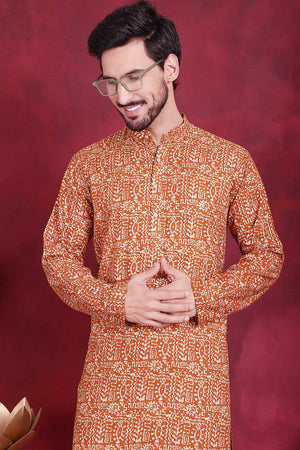Mustard Printed Viscose Rayon Men's Kurta Set (JOKP_P_5014Mustard)