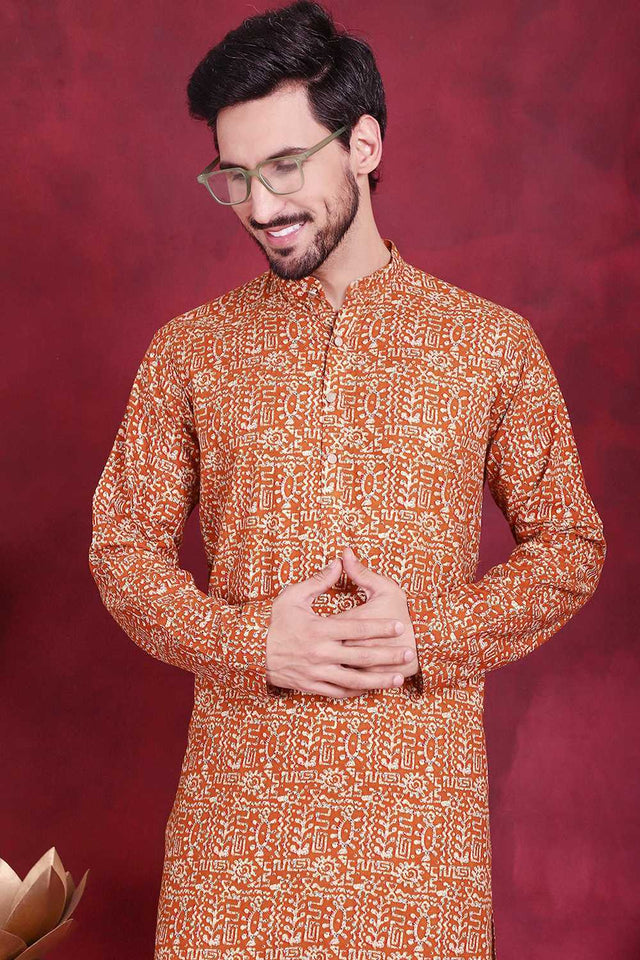 Mustard Printed Viscose Rayon Men's Kurta Set (JOKP_P_5014Mustard)