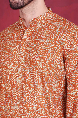 Mustard Printed Viscose Rayon Men's Kurta Set (JOKP_P_5014Mustard)