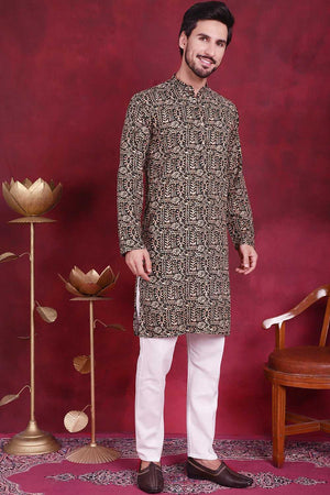 Olive-Green Printed Viscose Rayon Men's Kurta Sets