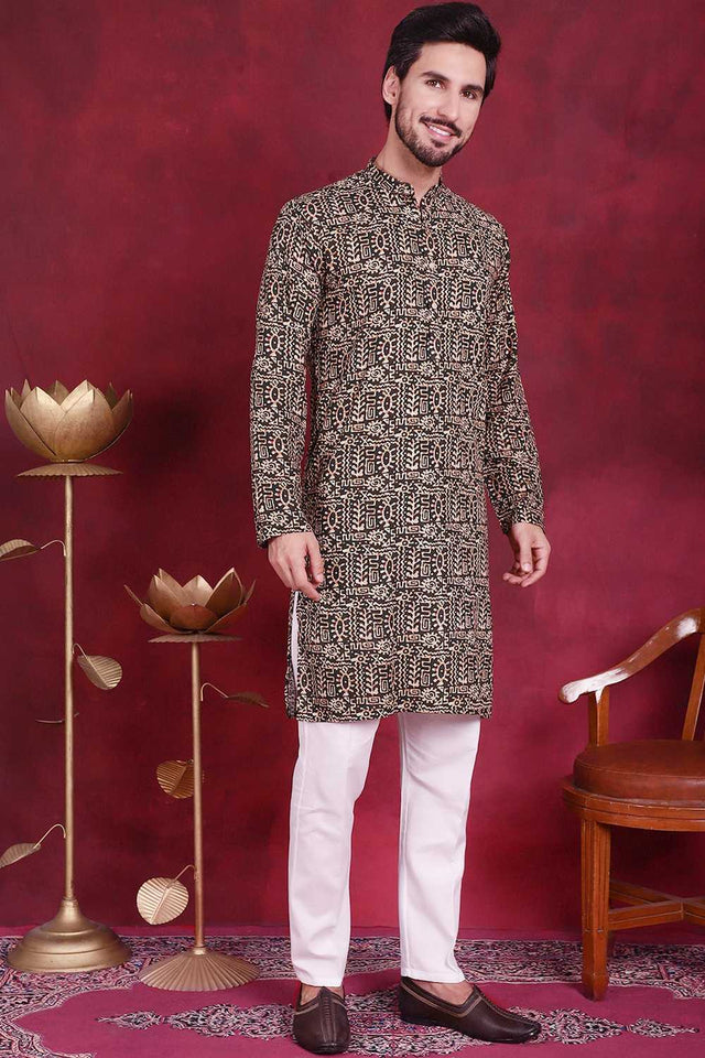 Olive-Green Printed Viscose Rayon Men's Kurta Sets