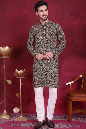 Olive-Green Printed Viscose Rayon Men's Kurta Sets