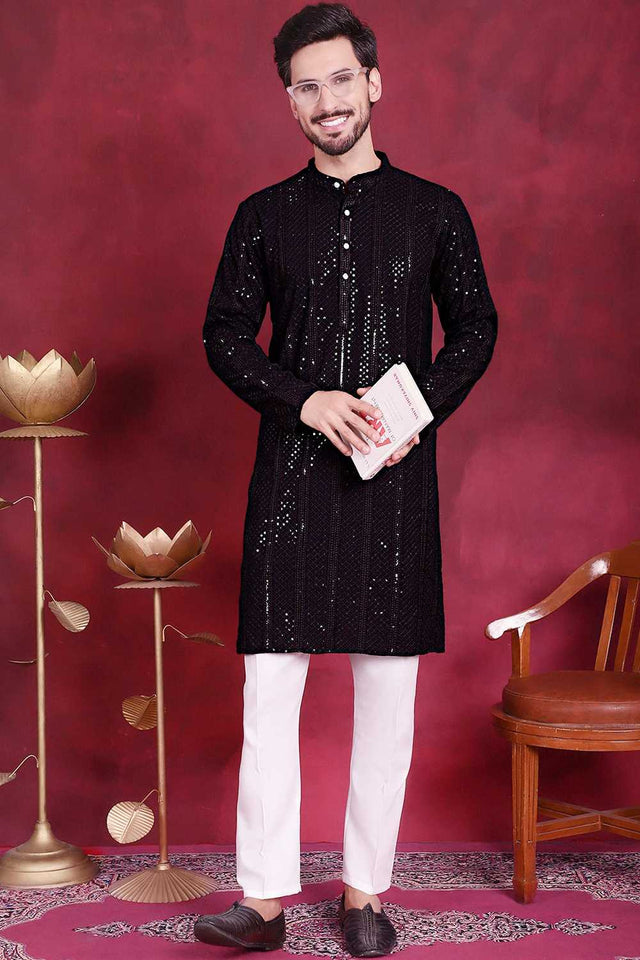 Black Sequins Viscose Rayon Men's Kurta Sets