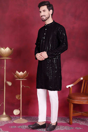 Black Sequins Viscose Rayon Men's Kurta Sets