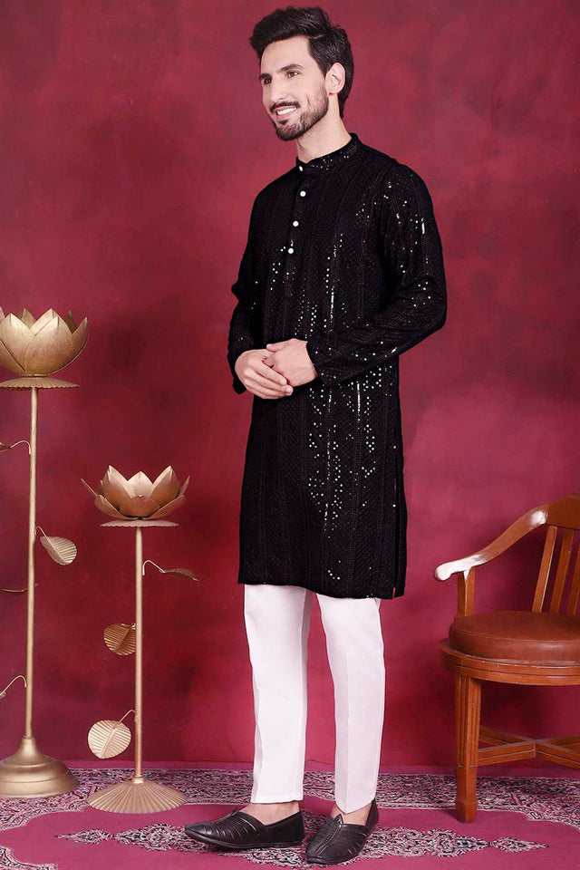 Black Sequins Viscose Rayon Men's Kurta Sets