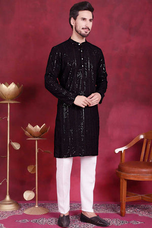 Black Sequins Viscose Rayon Men's Kurta Sets