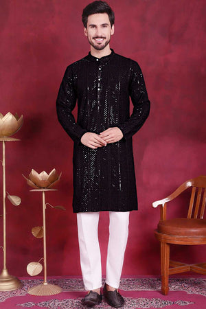 Black Sequins Viscose Rayon Men's Kurta Sets