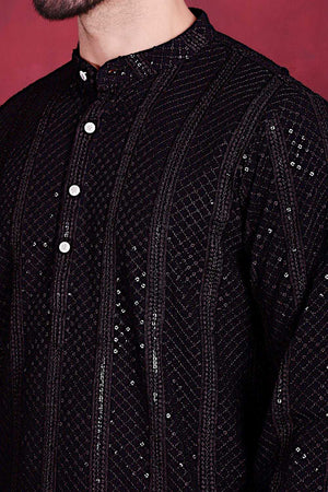 Black Sequins Viscose Rayon Men's Kurta Sets