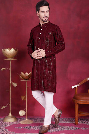 Maroon Sequins Viscose Rayon Men's Kurta Sets