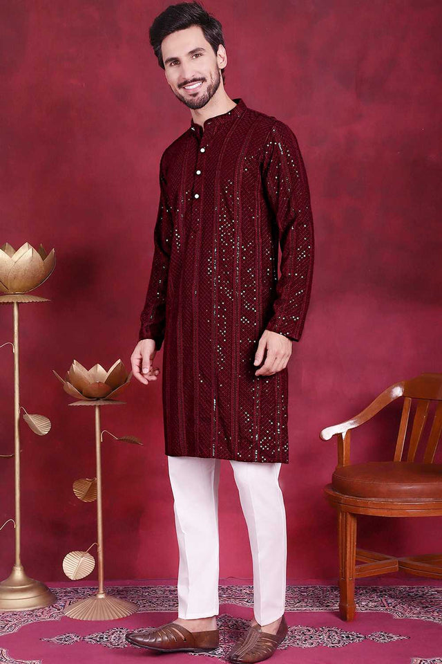 Maroon Sequins Viscose Rayon Men's Kurta Sets