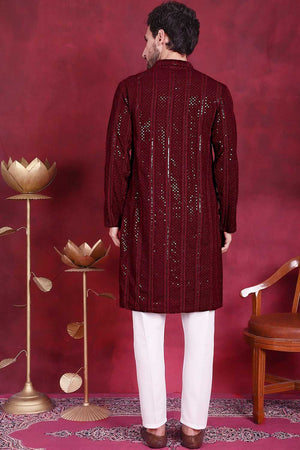 Maroon Sequins Viscose Rayon Men's Kurta Sets