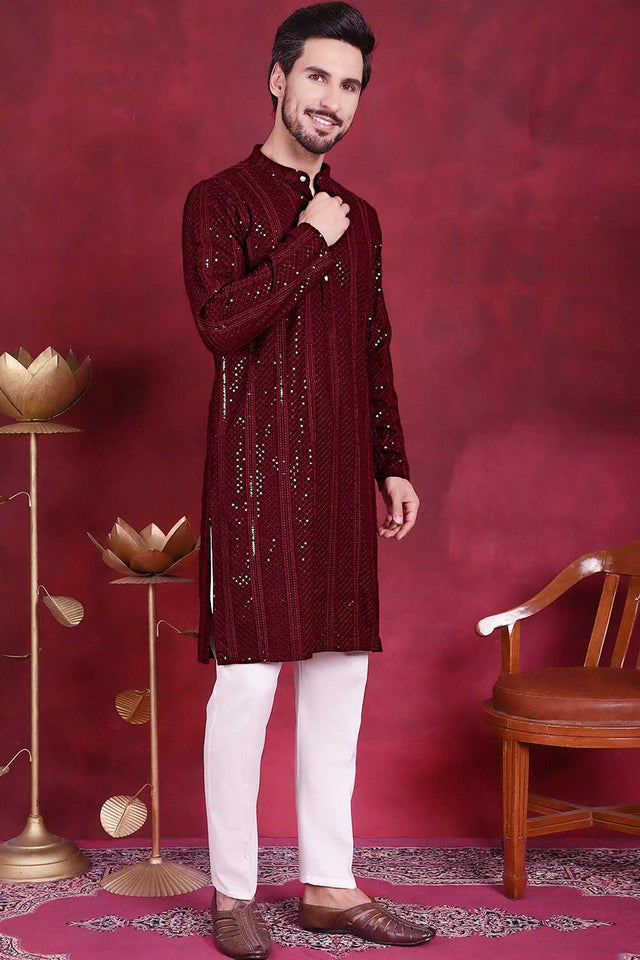 Maroon Sequins Viscose Rayon Men's Kurta Sets
