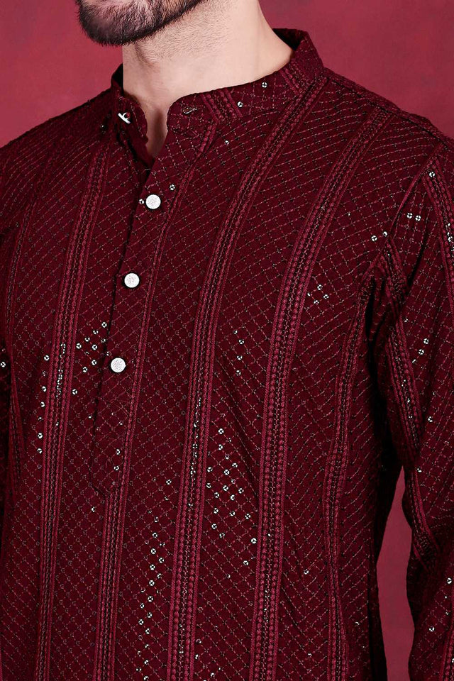 Maroon Sequins Viscose Rayon Men's Kurta Sets