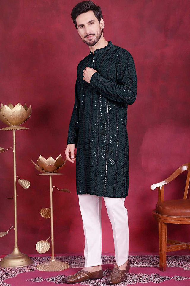 Olive Green Sequins Viscose Rayon Men's Kurta Set (JOKP_P_5015Olive)