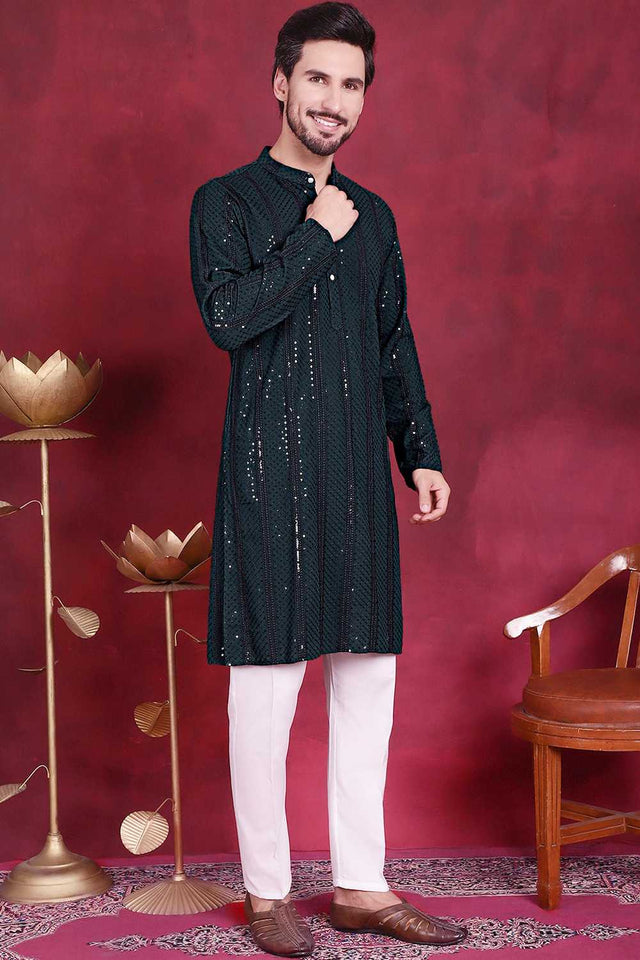 Olive Green Sequins Viscose Rayon Men's Kurta Set (JOKP_P_5015Olive)
