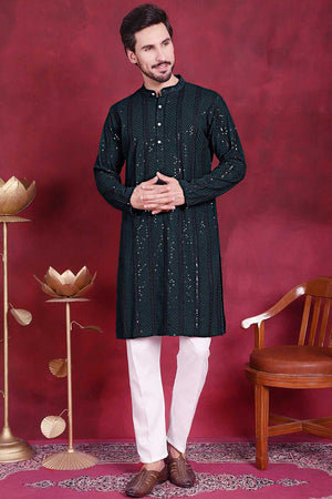 Olive Green Sequins Viscose Rayon Men's Kurta Set (JOKP_P_5015Olive)