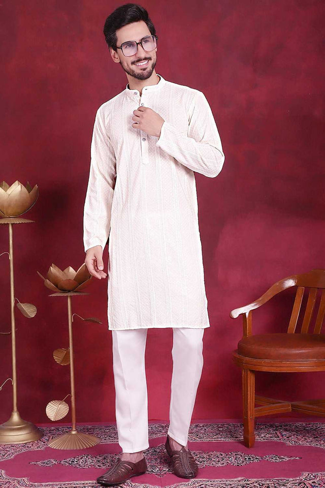 White Sequins Viscose Rayon Men's Kurta Sets