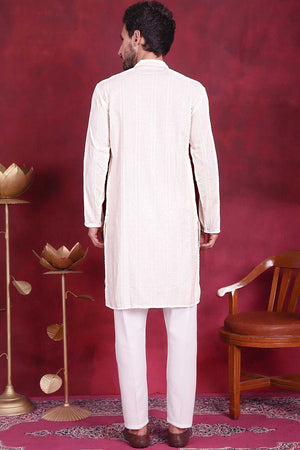 White Sequins Viscose Rayon Men's Kurta Sets
