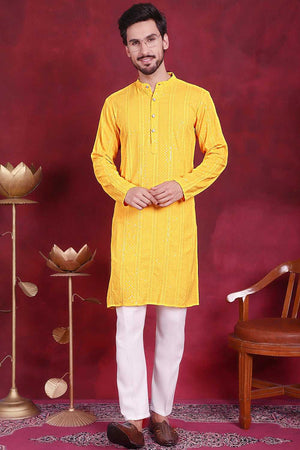 Yellow Sequins Viscose Rayon Men's Kurta Sets