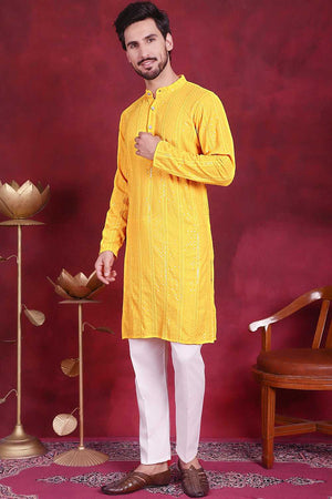 Yellow Sequins Viscose Rayon Men's Kurta Sets