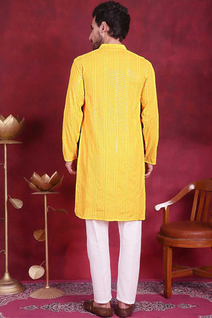 Yellow Sequins Viscose Rayon Men's Kurta Sets