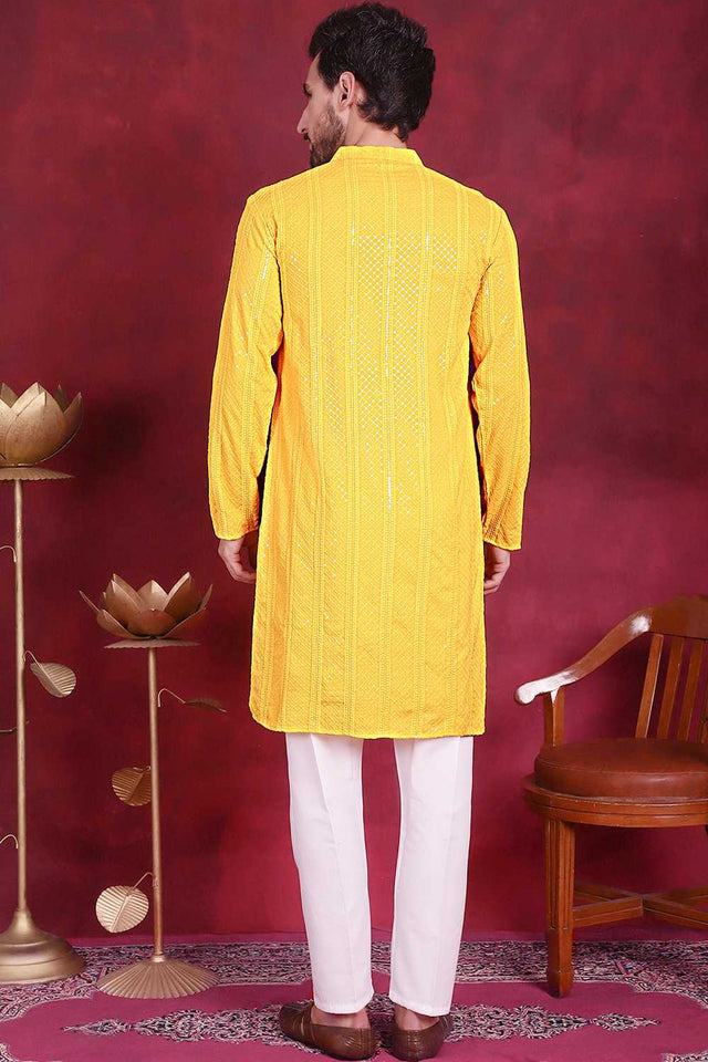 Yellow Sequins Viscose Rayon Men's Kurta Sets