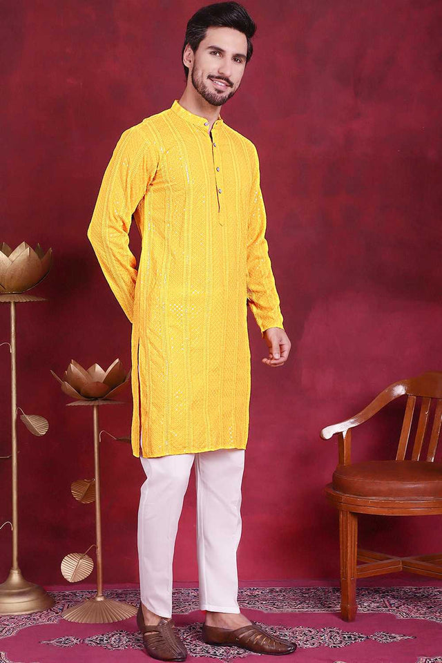 Yellow Sequins Viscose Rayon Men's Kurta Sets