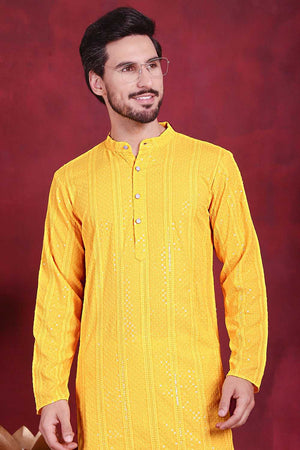 Yellow Sequins Viscose Rayon Men's Kurta Sets