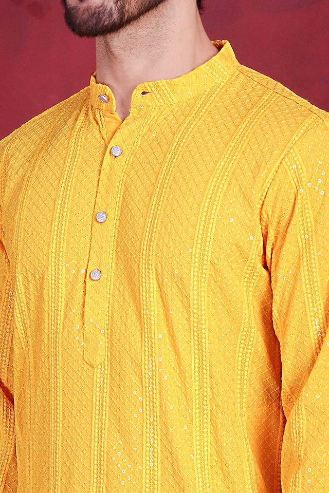 Yellow Sequins Viscose Rayon Men's Kurta Sets