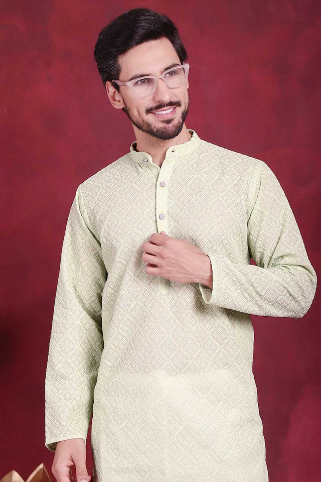 Green Chikankari Georgette Men's Kurta Sets