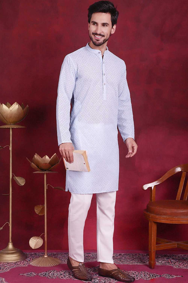 Blue Chikankari Georgette Men's Kurta Sets